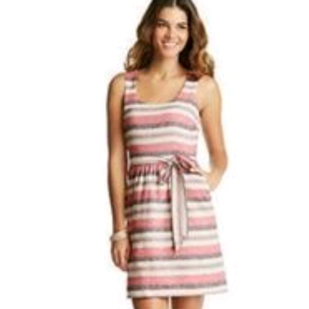 Loft Striped Linen Mini Sundress 6 Pink Gray Belted Sleeveless Open Back Dress